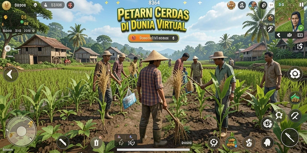 Screenshot gameplay 8364 menampilkan ladang subur dan aktivitas bertani.