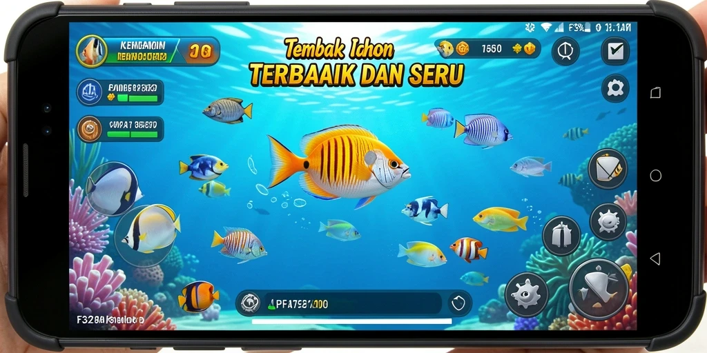 Screenshot utama F32 menampilkan aksi menembak ikan yang seru dan mendebarkan.