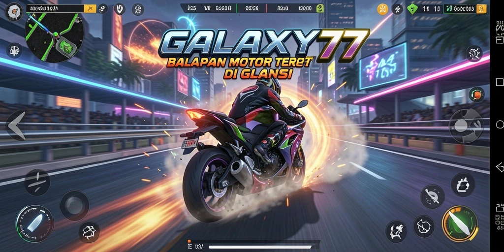 Screenshot gameplay GALAXY77 menunjukkan balapan motor yang seru dan mendebarkan.