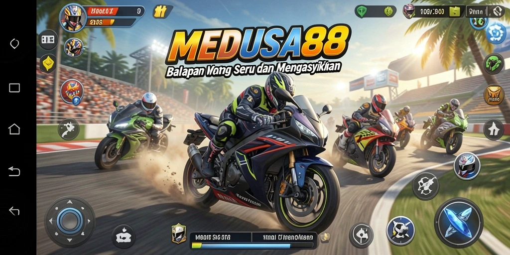 Tampilan gameplay balapan motor yang mendebarkan di MEDUSA88.