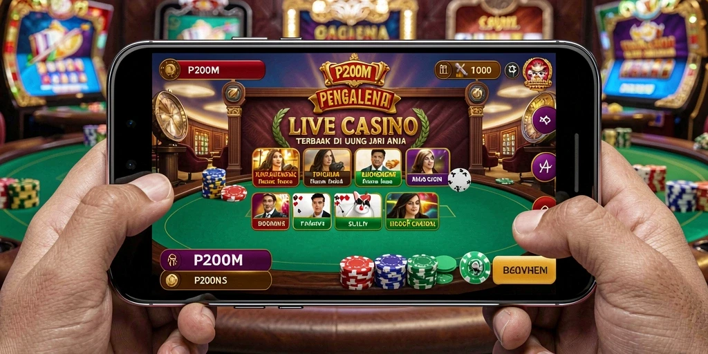 Screenshot gameplay P200M yang menunjukkan dealer langsung dan permainan yang mendebarkan.